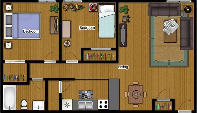 Floor plan for 2 beds, 1 bath, 750 sqft